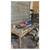 Work Bench Bulk Lot,  Pipe Wrench, Socket Set, Work Light, Quikrete, SAE 80W-90 Gear Oil, R-134a Refrigerant, Tile/Flooring Cutter, Plastic Cases, Rubber Gasket Roll & Misc Shop Supplies detached wood