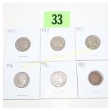 GROUP OF 5 BUFFALO NICKELS AND ONE INDIAN HEAD