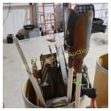 GROUP OF ASSTD HAND TOOLS WITH 2 STORAGE BARRELS.