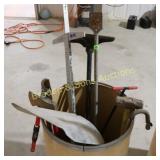 GROUP OF ASSTD HAND TOOLS WITH STORAGE BARRL.