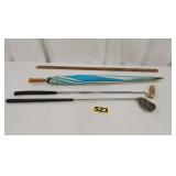 (2) Vintage Golf Clubs & Umbrella,