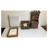 two picture frames and Bookcase radio