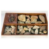 Flat wood box of rocks and arrowheads