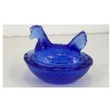 Blue glass nesting hen trinket box 2.5' x 2'