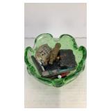 5' green bubble glass ash tray filled w/ trinkets