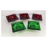 (5) 3.5' square glass ashtrays (2) green (3) red