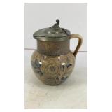 Stoneware pottery pitcher w/ attached pewter lid