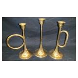 (3) Brass horn candle holders 7' x 3'