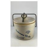 6' Stoneware crock w/ wire bail lid closure 1933