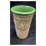 Red Wing green stoneware glass/vase w/ bird motif