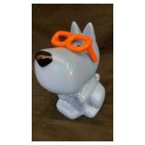 Blue dog w/ orange glasses ceramic coin bank