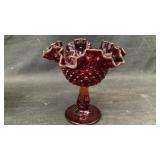 Fenton Amberina Hobnail Ruffled glass compote dish
