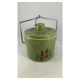 Green w/ cardinals ceramic crock w/ handle & lid