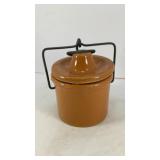 Orange ceramic cheese crock w/ handle and lid