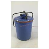 Blue ceramic cheese crock w/ handle and lid