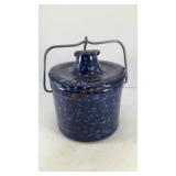 Blue spatterwear ceramic stoneware crock w/ lid