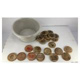 Ceramic bowl filled with wooden nickels