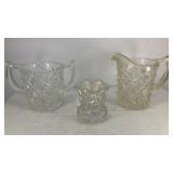 (3) cut glass vessels for cream, sugar, toothpicks