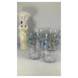 Plastic Pillsbury doughboy and (4) glasses