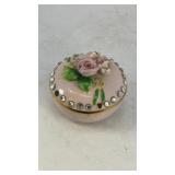 LEFTON rhinestone pink trinket box 2' dia.