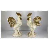 (2) Ceramic white & gold roosters 9' T