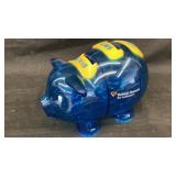 Share, Save, Spend plastic blue piggy bank
