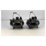 Black kettles w/ handles salt and pepper shakers