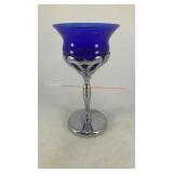 Chrome stem base w/ blue glass bowl top 6' x 3'