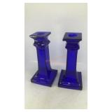 (2) blue square glass candle holders 7' x 3'
