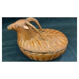 Woven ram's head wicker box w/ fabric inside