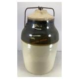 Stoneware storage jar w/ wire handle 10.5' x 6.5'
