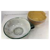 (1) stoneware bowl and (1) enamelware colander