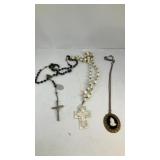 (2) Rosaries and (1) Prayer Hands Cameo Necklace