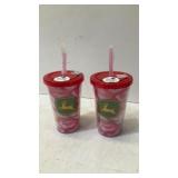 (2) 18oz John Deere pink camo Travel Cups w/ Straw