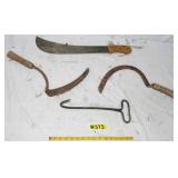 MACHETE, 2-ANTIQUE HAND SICKLES, & HAY HOOK
