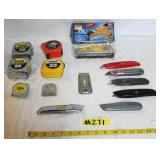 GROUP OF MISC. TAPE MEASURES & BOX CUTTERS