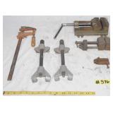2-VINTAGE BENCH VISES, CLAMPS, & MISC.