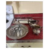 LOT OF PEWTER TRAYS, NAPKIN RINGS, JUGS