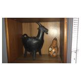 POTTERY GOAT FIGURAL AND BIRDHOUSE