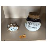 HARLEY FUND LIDDED POTTERY JAR AND FROG