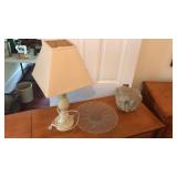 GLASS CAKE PLATE, TABLE LAMP & DECOR