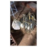 3 BRASS AND GLASS CHANDELIERS, ASST SIZES
