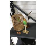 PLASTIC BIRDS,CAGE AND WOOD CRANE