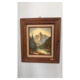 FRAMED MOUNTAIN SCENE OIL ON BOARD