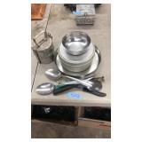 LOT OF ASST. ALLUMINUM SERVING DISHES & UTENSILS