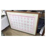 VINTAGE HANDMADE BABYS PINK BASKET QUILT FRAMED
