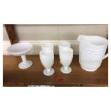 HOBNAIL MILK GLASS PITCHER, 4 GOBLETS & COMPOTE