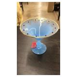 LIGHT BLUE GLASS COMPOTE WITH GOLD/GEM ACCENTS