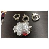 TURTLE TRINKET BOX & 3 SETS OF HANDCUFFS