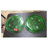 PAIR OF GREEN DEPRESSION GLASS CAKE STANDS